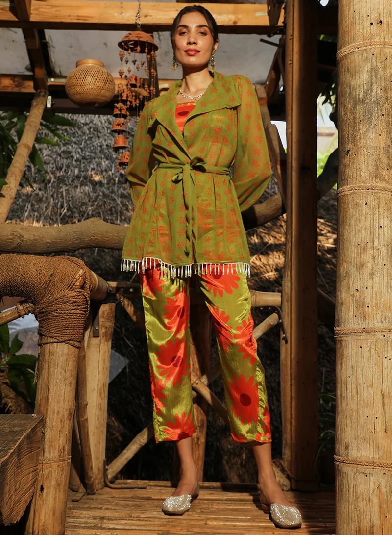 Qissa  Women's Avocado Green Flower Tie-Up Co-Ord Set For Casual Wear | Lapel Collar | Long Sleeve | 3 Piece Co-Ords Designed With Comfort Fit For Everyday Ethnic Wear for Women | Best Price UAE